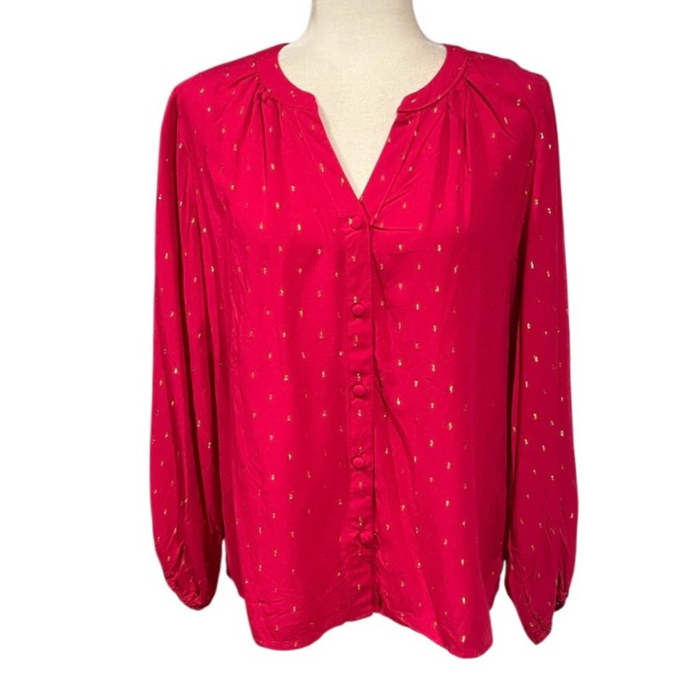 Katies Deep Raspberry Golden Amber Woven Button Front Blouse